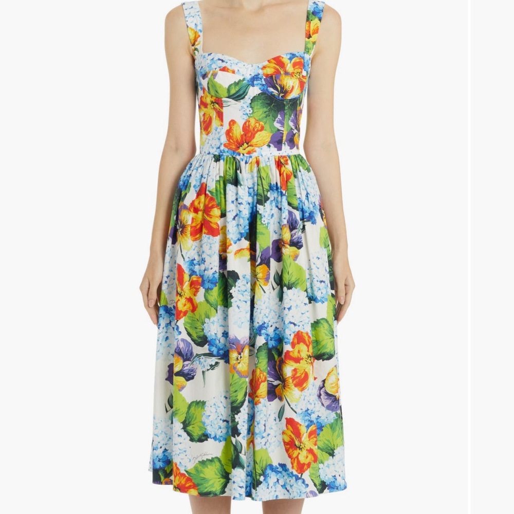 Dolce & Gabbana Bustier Cotton Poplin Dress Hydrangea Floral Majolica XS 0 36